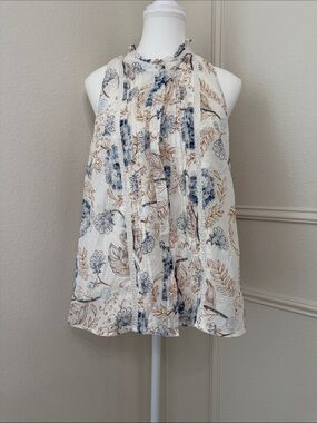 a.n.a Cream Floral Tie-Neck Sleeveless Blouse with Blue and Tan Print